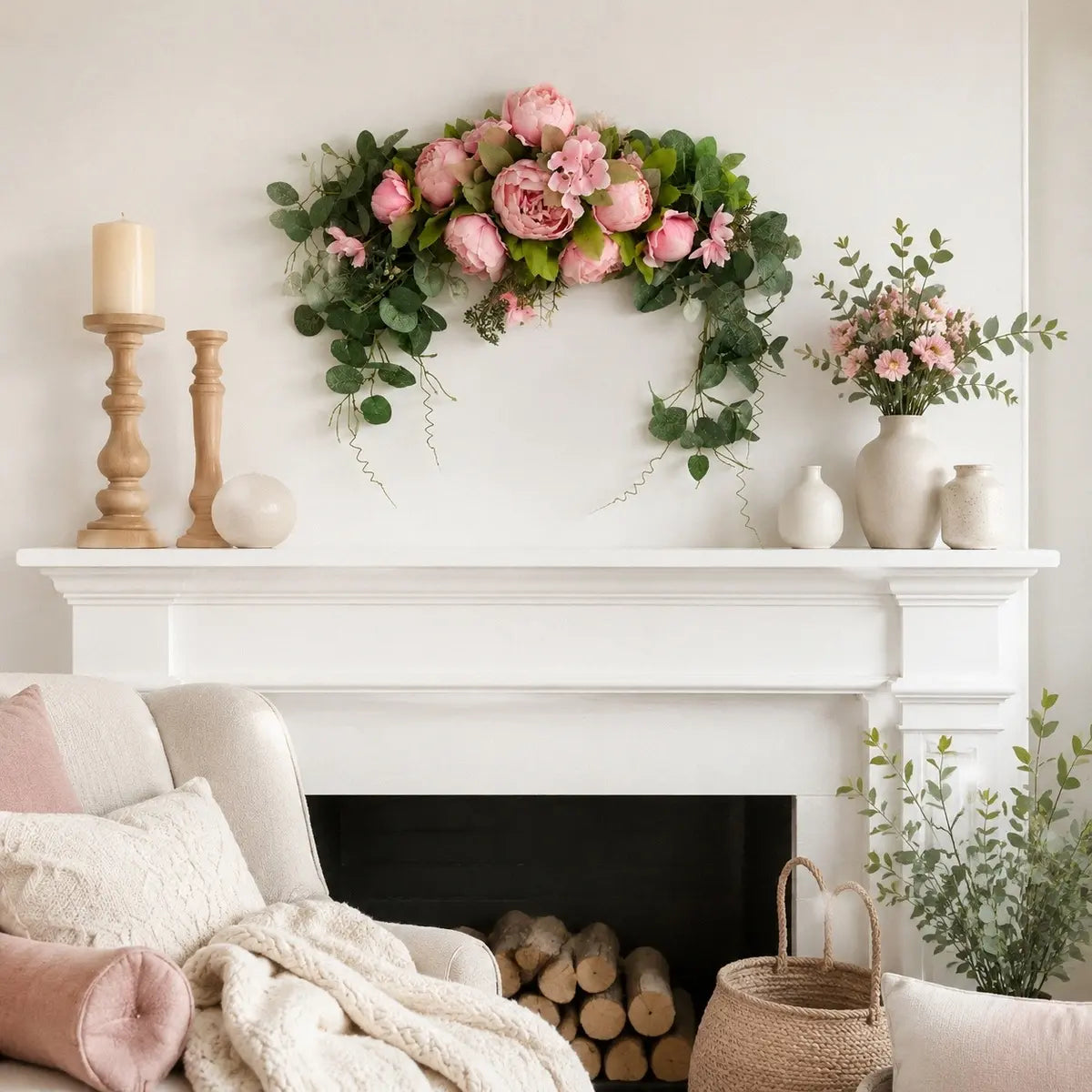 Artificial pink peony eucalyptus arch swag displayed on white fireplace mantel with wood candlestick holders and cream vases in cozy living room