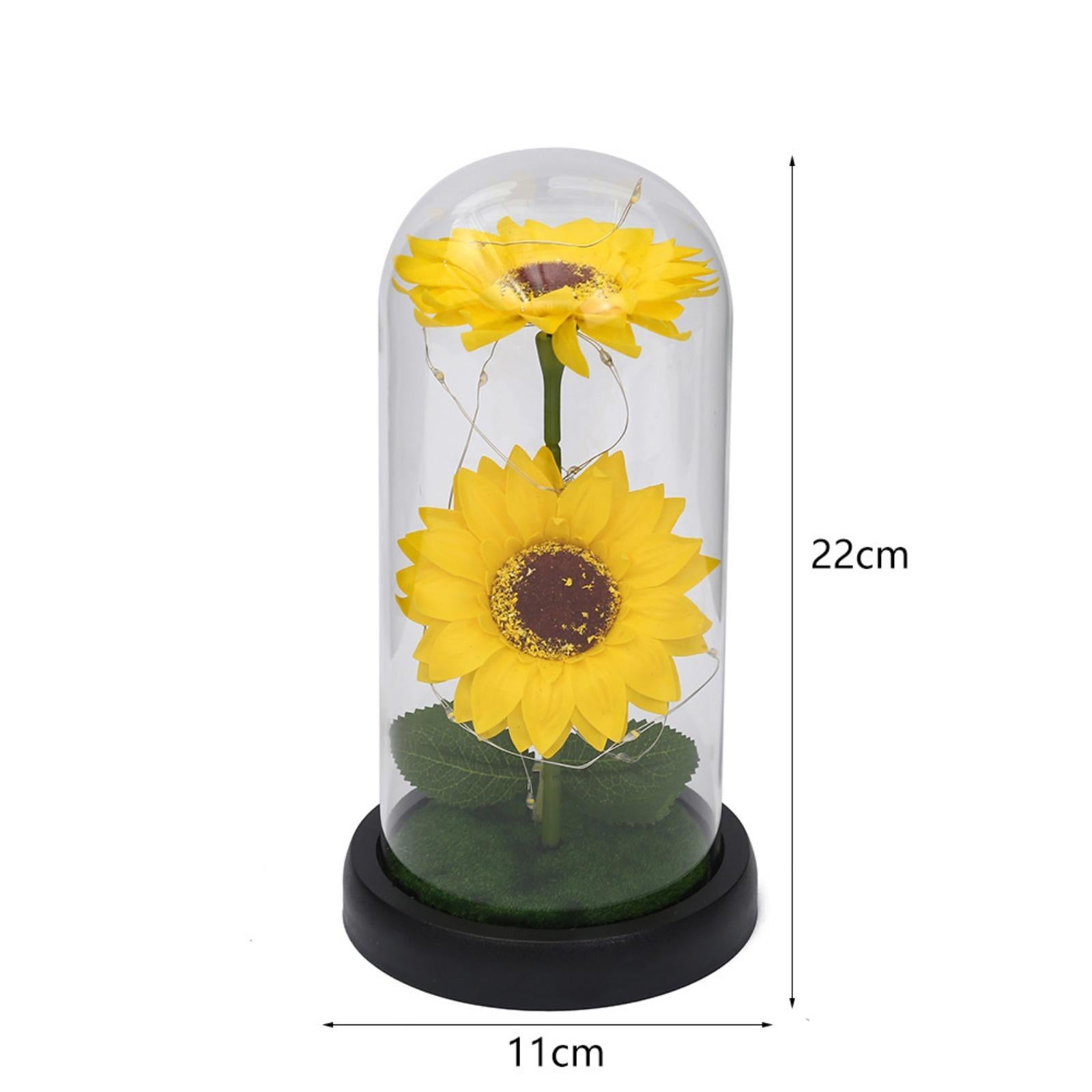 Sunflower glass dome lamp glowing with warm LED lights – eternal flower gift for her