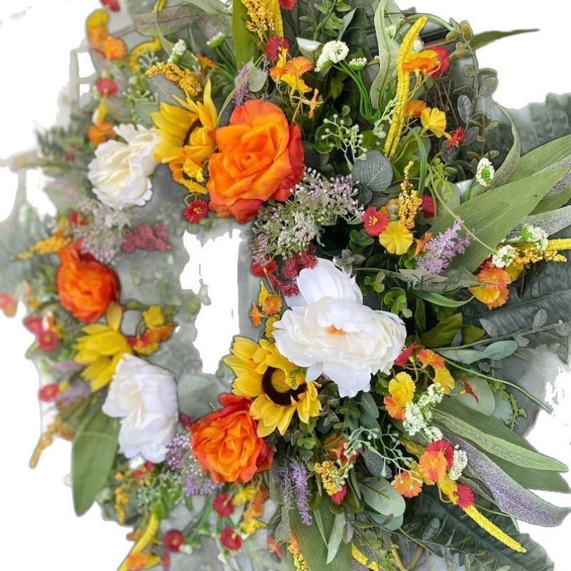 Colorful Artificial Floral Wreath with Sunflower and Green Leaves | Front Door Wall Spring Summer Party & Graduation Decor