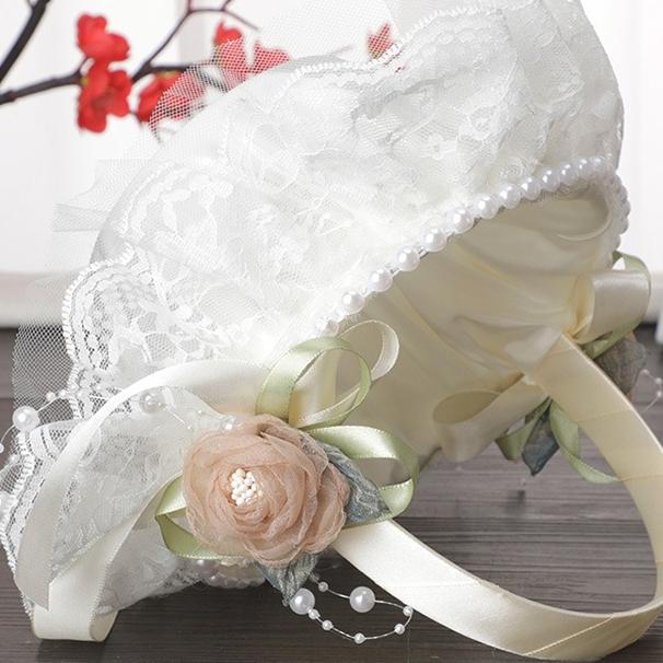 Wedding Flower Girl Basket with Pearl Handle | Satin Petal Basket for Wedding Ceremony Bridal Shower & Home Decor in Beige White