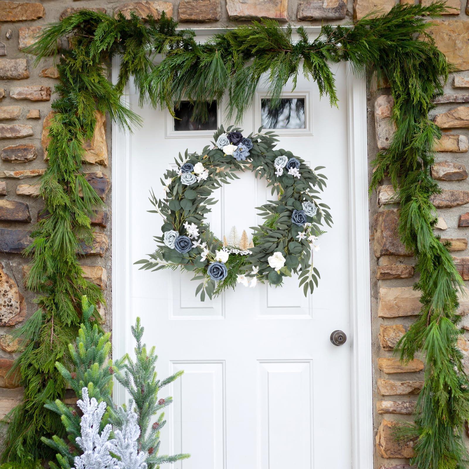 Artificial Eucalyptus Willow Leaf Garland with White Flowers | Wedding Table Runner Backdrop Party & Home Decor in Orange Red Blue White