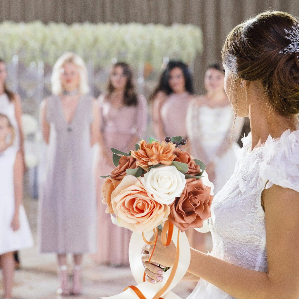 Artificial Rose Bridal Tossing Bouquet | Bride Bridesmaid Wedding Ceremony & Prom in Orange Pink Wine Red Blue