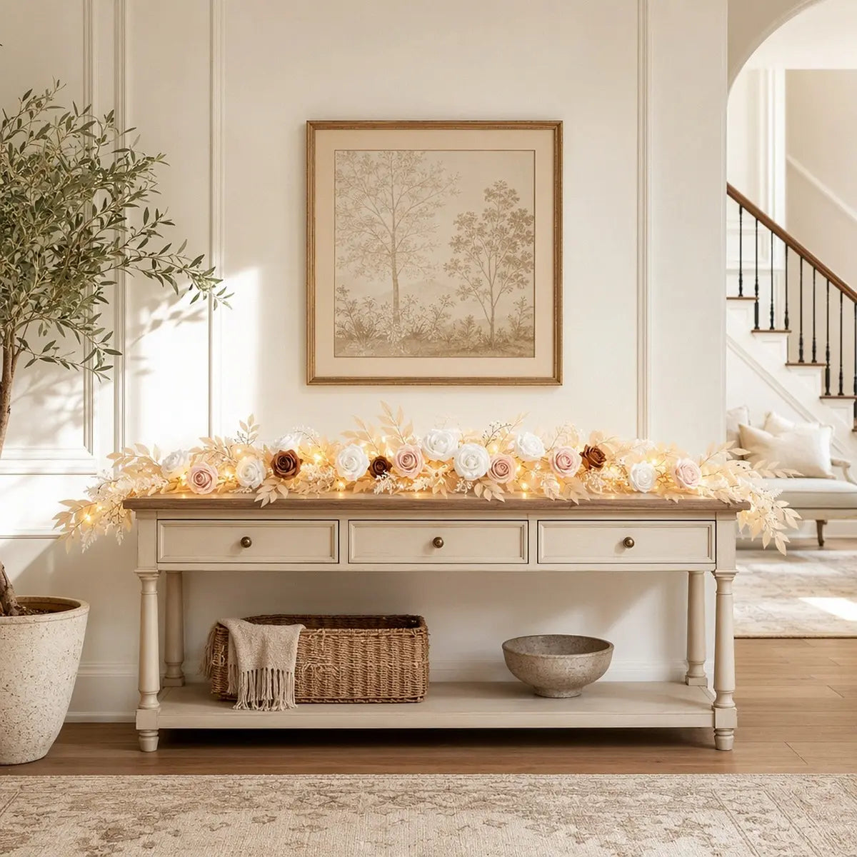 Boho artificial rose garland with warm LED lights as table runner on cream console table in bright modern home entryway – IPOPU
