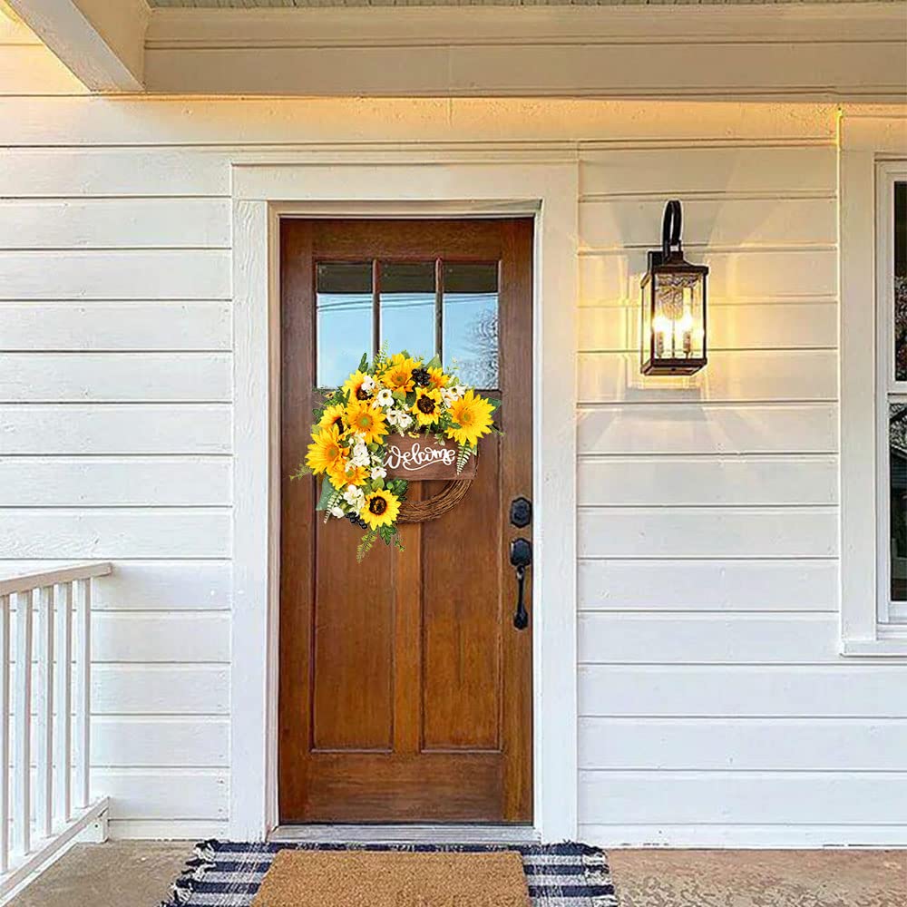 Sunflower welcome wreath arranged for front door window by IPOPU