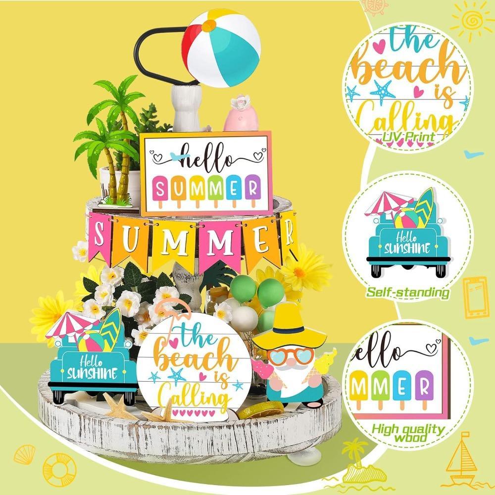 Hello Summer Hawaii Beach Gnome Wood Sign | Farmhouse Rustic Decor for Kitchen Shelf Tiered Tray & Home