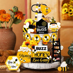 Summer Tiered Tray Decor Set | Honey Bee Gnome Wooden Signs & Yellow Truck for Farmhouse Kitchen Home Party