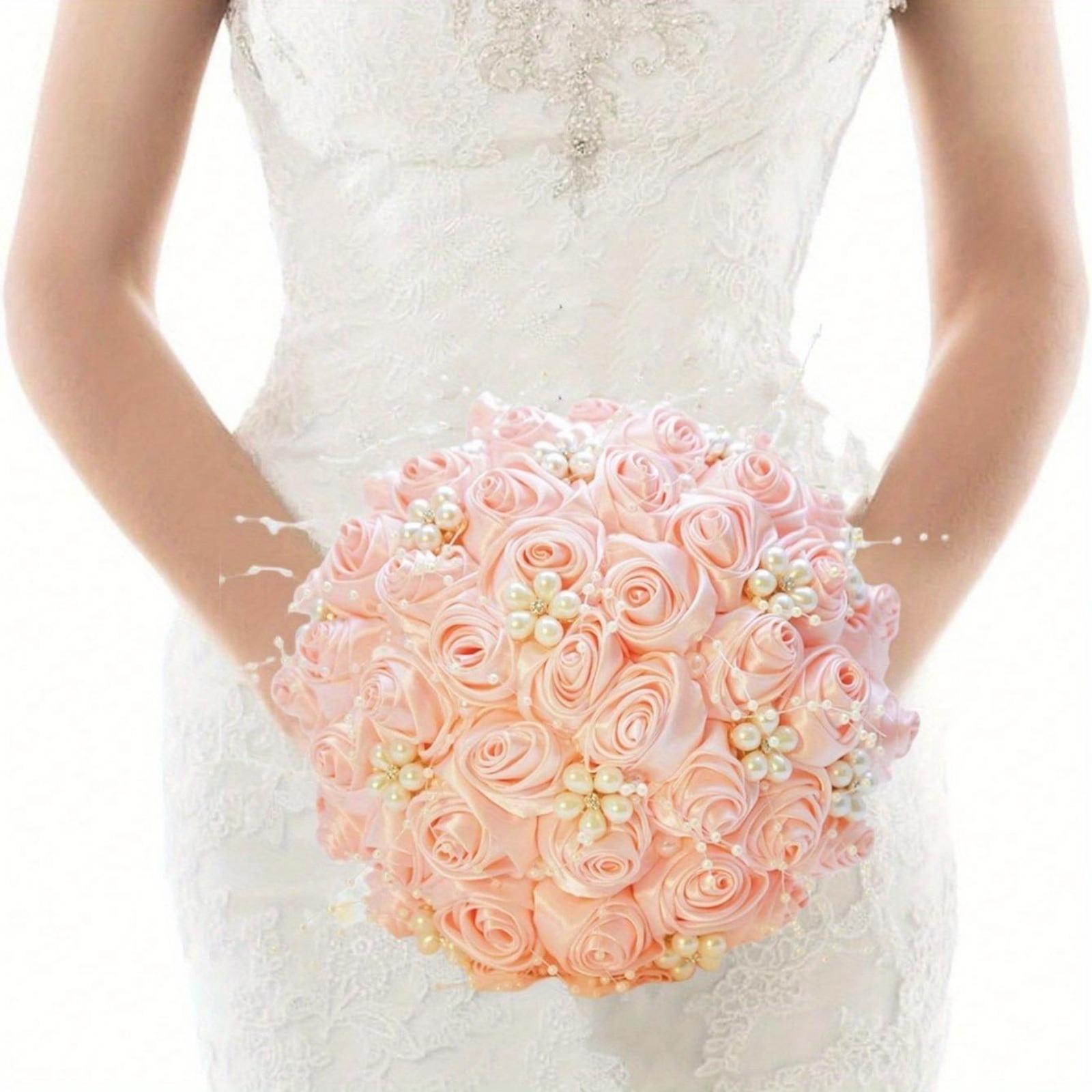 Luxury Rhinestone & Pearl Bridal Bouquet | Wedding Flowers for Bride & Bridesmaid in White & Pink