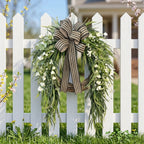 Artificial Greenery Wreath with Striped Bow and White Berries Pine Fern Eucalyptus Door Wall Hanging Decor