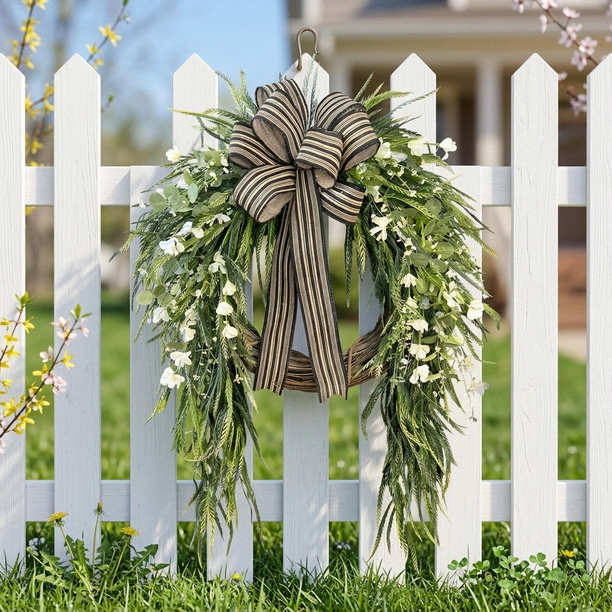 Artificial Greenery Wreath with Striped Bow and White Berries Pine Fern Eucalyptus Door Wall Hanging Decor