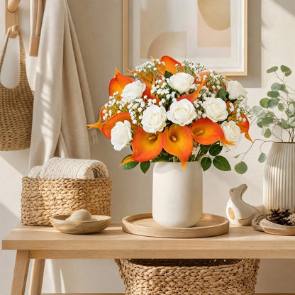 30pcs Handmade Autumn Bouquet with Orange Calla Lilies, White Roses and Baby's Breath — IPOPU
