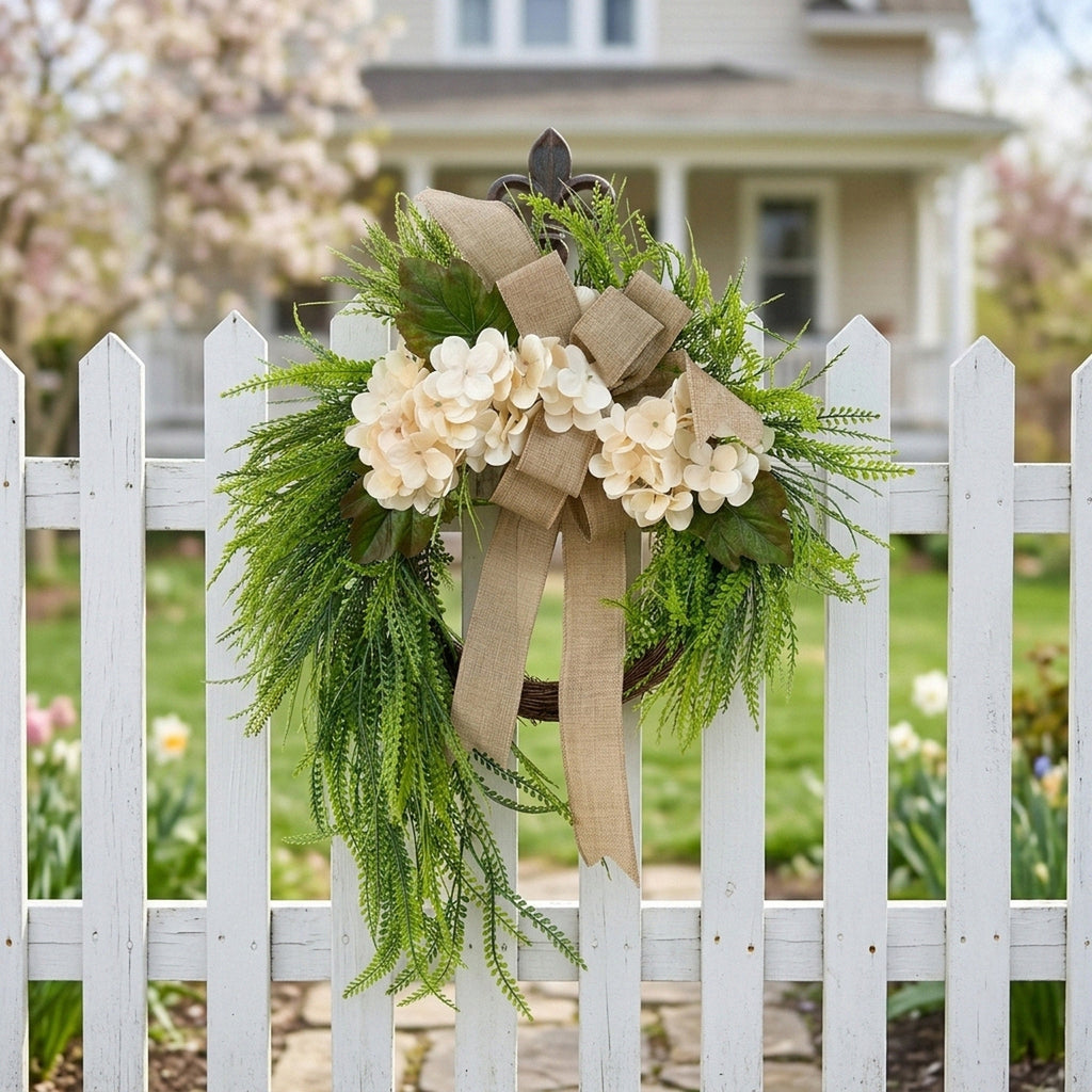 Farmhouse front door wreath with burlap bow cream hydrangea flowers and green fern for spring summer home wall and porch decor