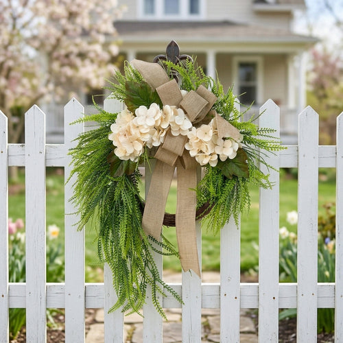 Farmhouse front door wreath with burlap bow cream hydrangea flowers and green fern for spring summer home wall and porch decor