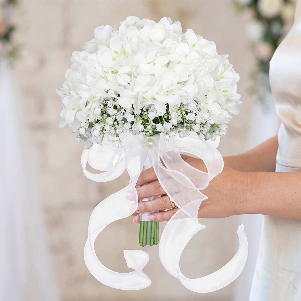 White Hydrangea Wedding Bridal Bouquet, Bridesmaid Bouquet Artificial Wedding Hydrangea Bouquet, Fake Flowers for Home Indoor Outdoor DIY Floral Wedding Flower Bouquets Kitchen Table Centerpiece Decor