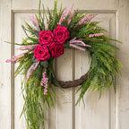 Artificial Rose Fern Wreath with Cascading Greenery and Pink Accents Boho Door Wall Hanging Decor