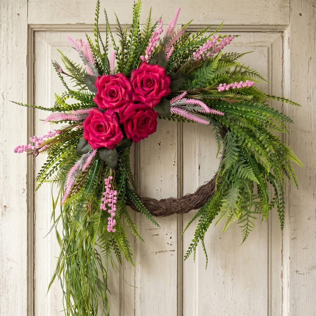 Artificial Rose Fern Wreath with Cascading Greenery and Pink Accents Boho Door Wall Hanging Decor