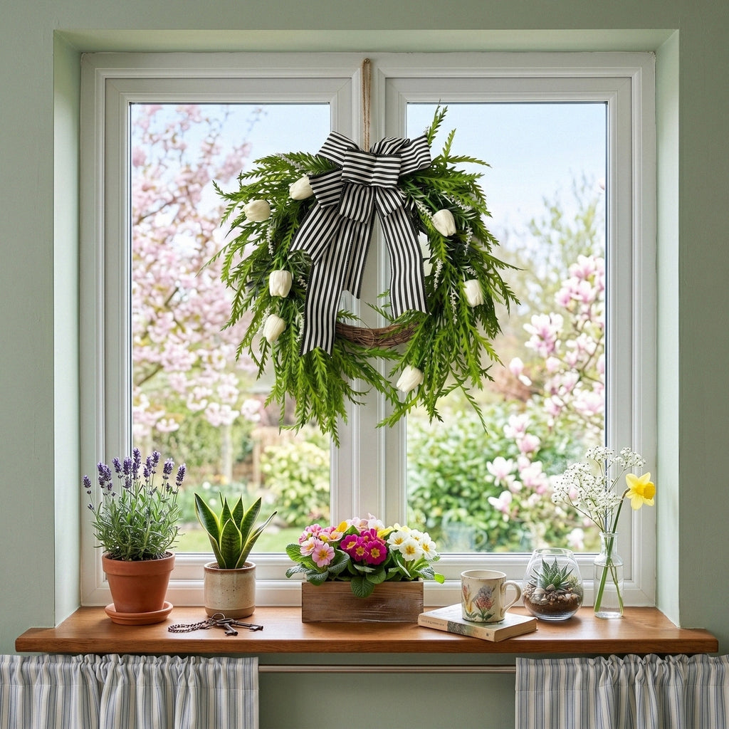 Modern Classic Front Door Wreath with Tulip & Black White Striped Bow Green Foliage for Spring Summer Home Porch & Wall Decor