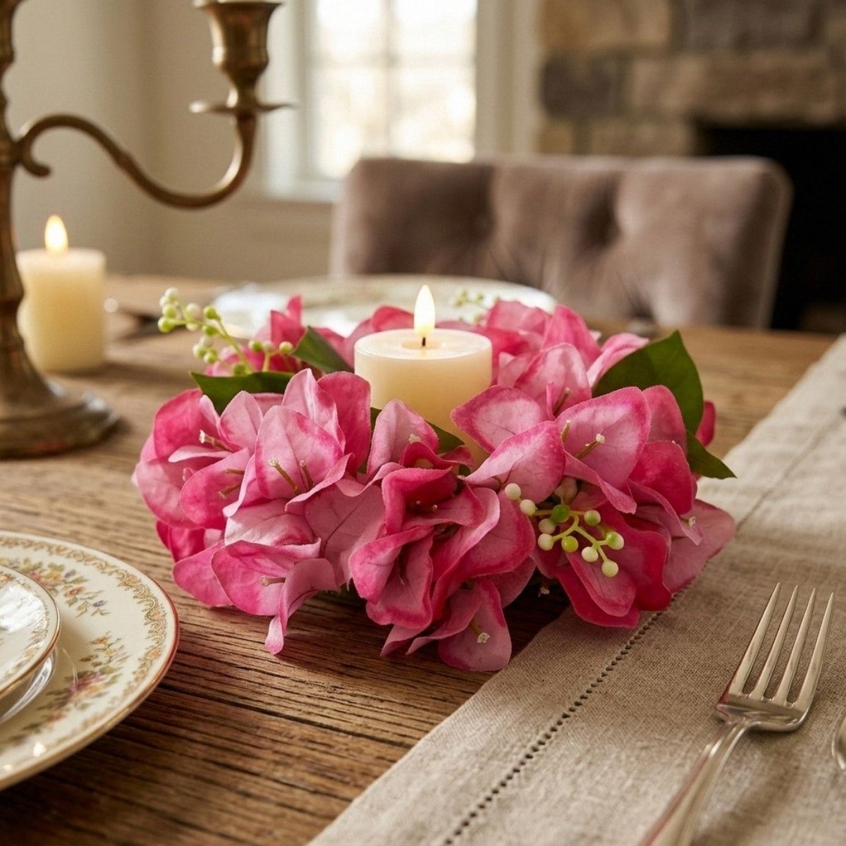 Floral Candle Wreath Rings | Artificial Bougainvillea Candle Rings for Wedding Table Centerpiece Home Decor
