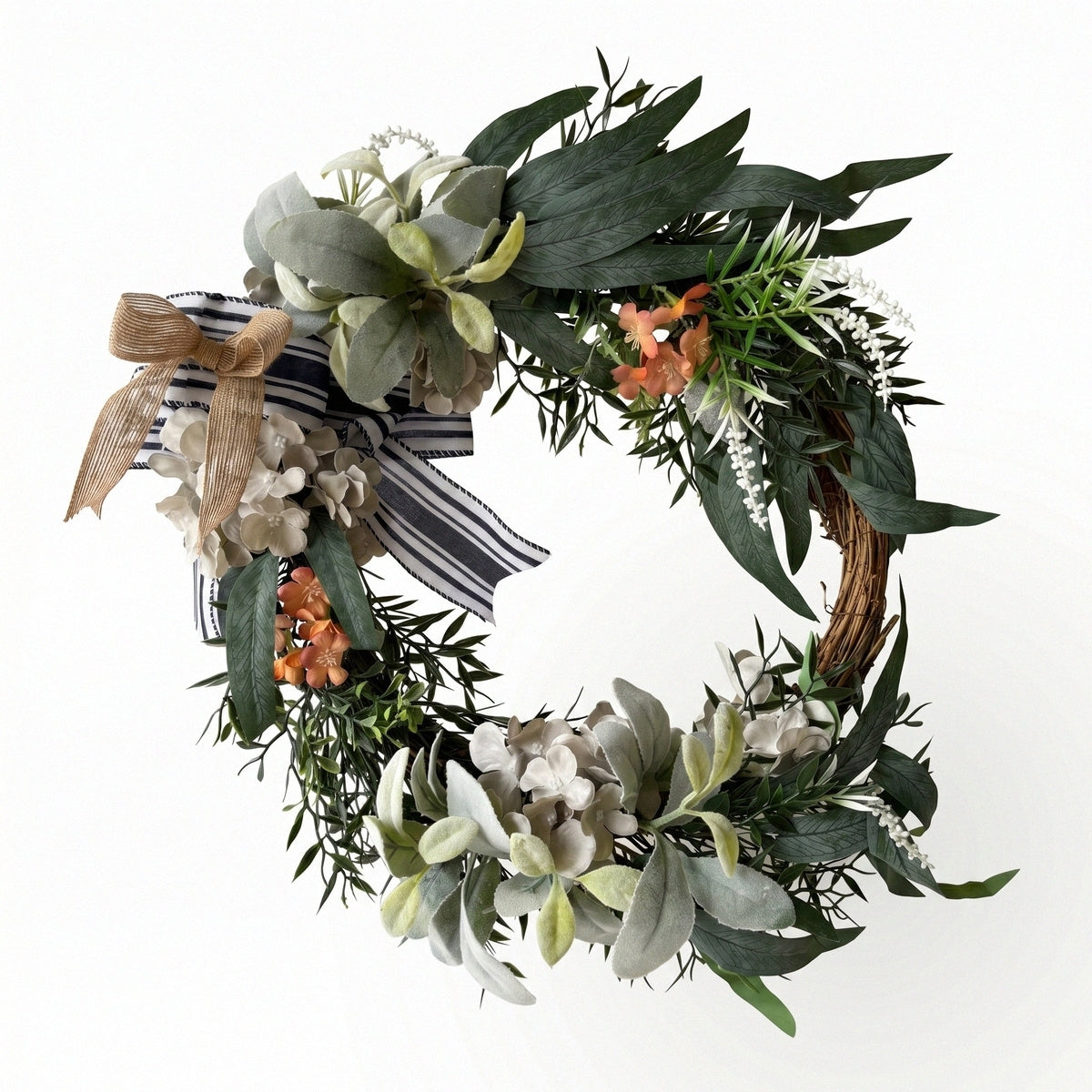Modern farmhouse front door wreath with hydrangea blooms black and white striped bow and green leaves for fall winter home porch and wall decor
