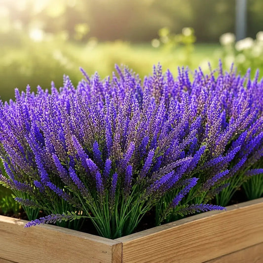 8 bundles artificial lavender flowers densely arranged in rustic wooden planter box, outdoor garden décor in warm sunlight

