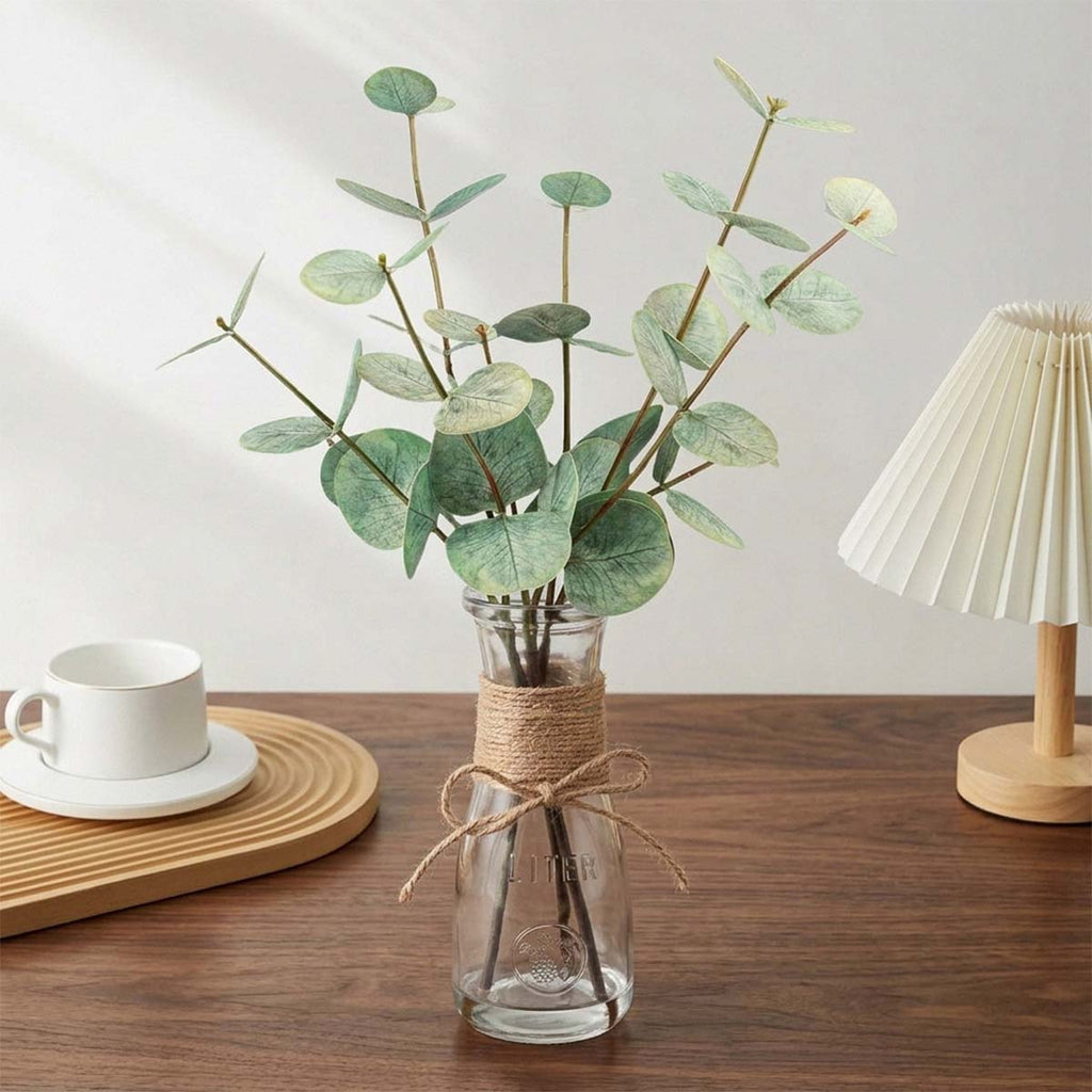 Artificial Eucalyptus Stems in Glass Vase with Faux Water | Faux Greenery for Bathroom Desk Shelf Coffee Table Decor