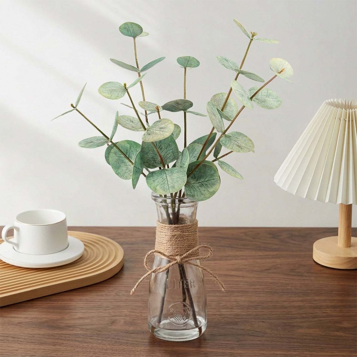 Artificial Eucalyptus Stems in Glass Vase with Faux Water | Faux Greenery for Bathroom Desk Shelf Coffee Table Decor