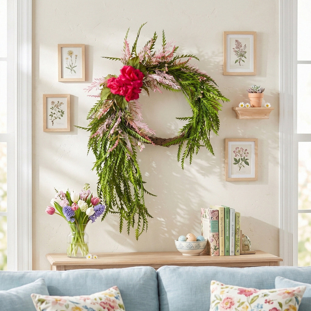 Cascading Rose Wreath Front Door Decor Romantic Pink Flower Wreath Green Foliage Wall Hanging Spring Summer Home Porch Entrance Decoration