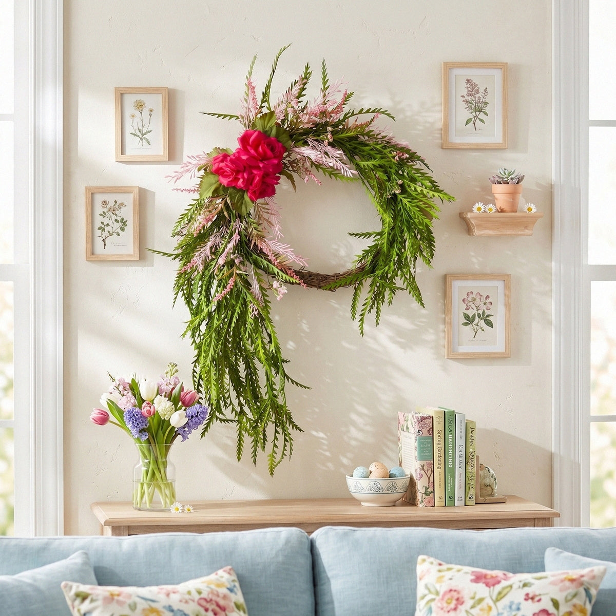 Cascading Rose Wreath Front Door Decor Romantic Pink Flower Wreath Green Foliage Wall Hanging Spring Summer Home Porch Entrance Decoration