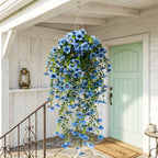 Artificial Hanging Flowers for Outdoors, Morning Glory Artificial Flowers with Eucalyptus Leaves, UV Resistant Fake Flower Realistic Faux Plants for Home Patio Porch Garden