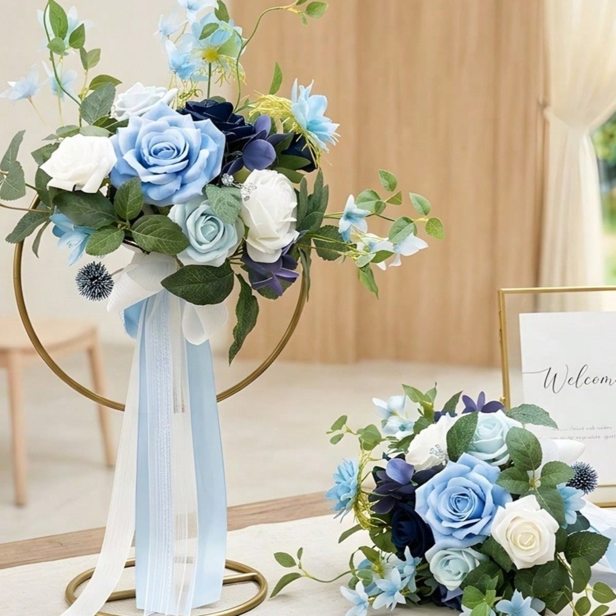 Dusty Blue & White Artificial Bridesmaid Bouquet with Ribbon | Wedding Ceremony Bridal