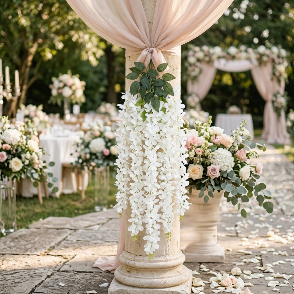 Wisteria Hanging Flowers Dense Faux Vine Garland 2pcs | 6 Colors for Wedding Arch Backdrop Home Party & Wall Decor
