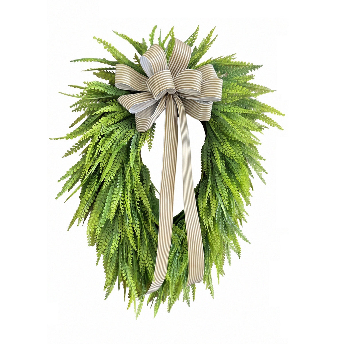 Artificial fern wreath with striped bow green foliage for front door porch home wall spring and summer decor