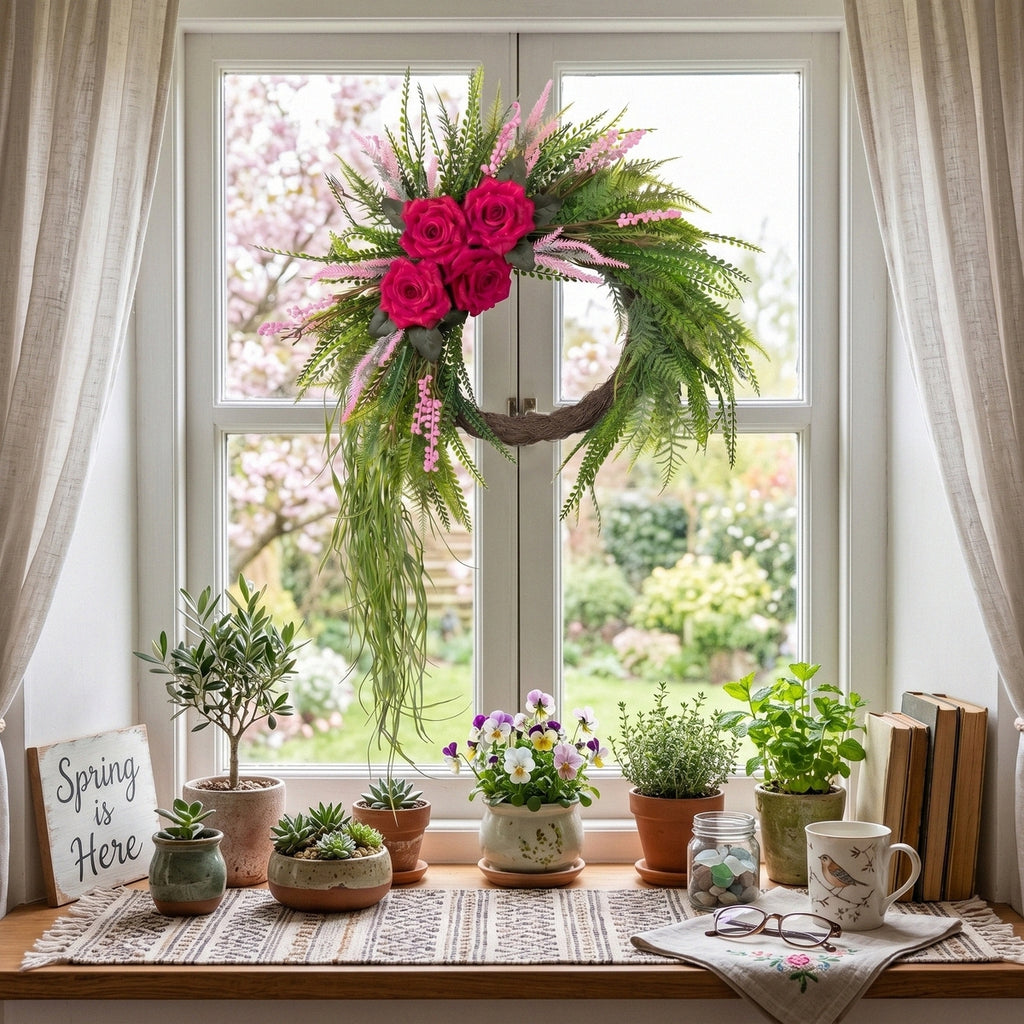 Artificial Rose Fern Wreath with Cascading Greenery and Pink Accents Boho Door Wall Hanging Decor