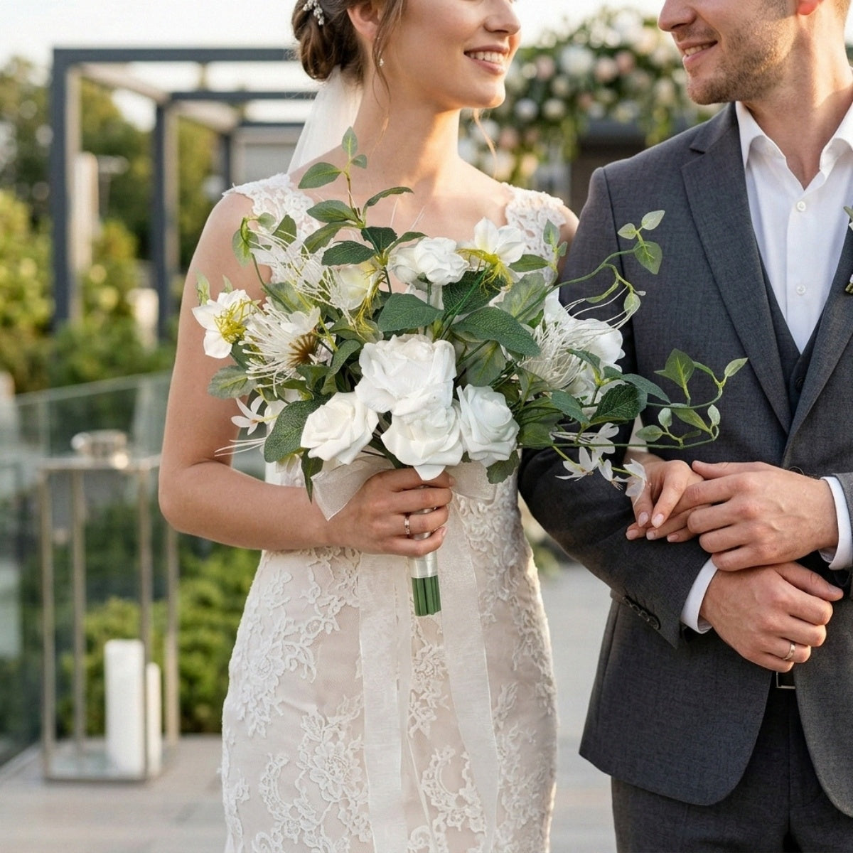 White Artificial Bridal Bouquet | Wedding Bride Bridesmaid Toss Bouquet Rustic Farmhouse