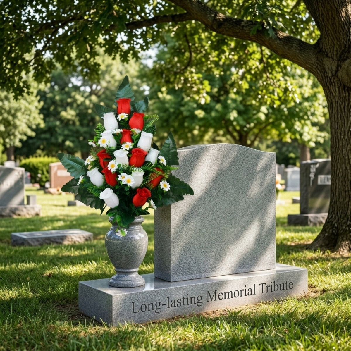 Artificial Cemetery Flowers Memorial Rose Bouquets with Cemetery Vase | Gravesite Decoration in 10 Vibrant Long-Lasting Colors