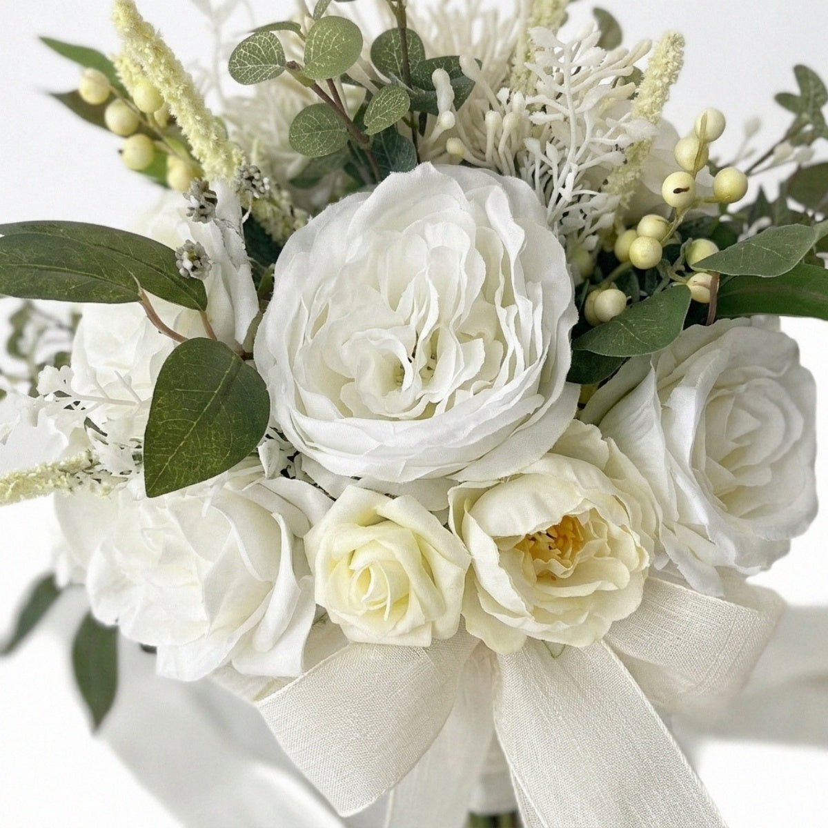 Artificial White Rose Bouquet with Green Leaves Wedding Bridal Flower Arrangement Home Table Decor