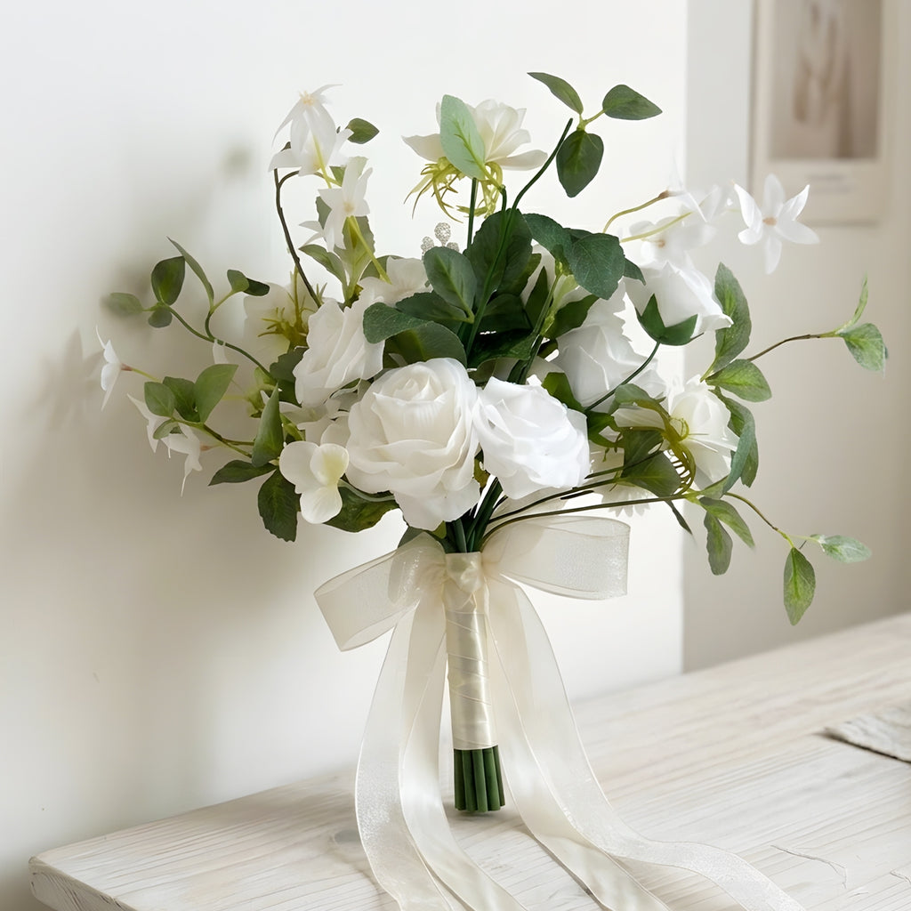 White artificial rose bridal bouquet for wedding ceremony bride bridesmaid and toss bouquet
