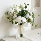 White artificial rose bridal bouquet for wedding ceremony bride bridesmaid and toss bouquet