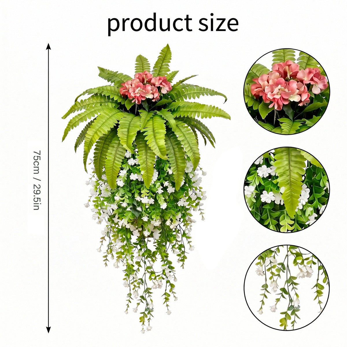 Artificial Hanging Fern Plant with Pink Flowers and Cascading White Vines Fake Boston Fern Wall Basket Greenery for Home Garden Patio Porch Ceiling Decor