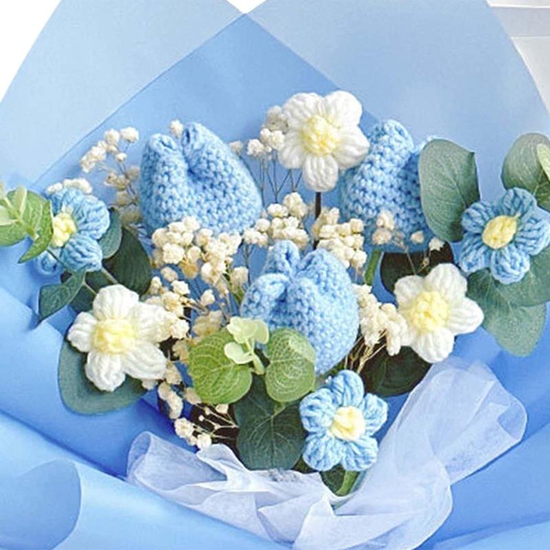 Handmade Crochet Flower Bouquet with Sunflowers Roses & Eucalyptus | Mother's Day Wedding Graduation & Valentine's Day Gift in Light Pink Yellow Blue