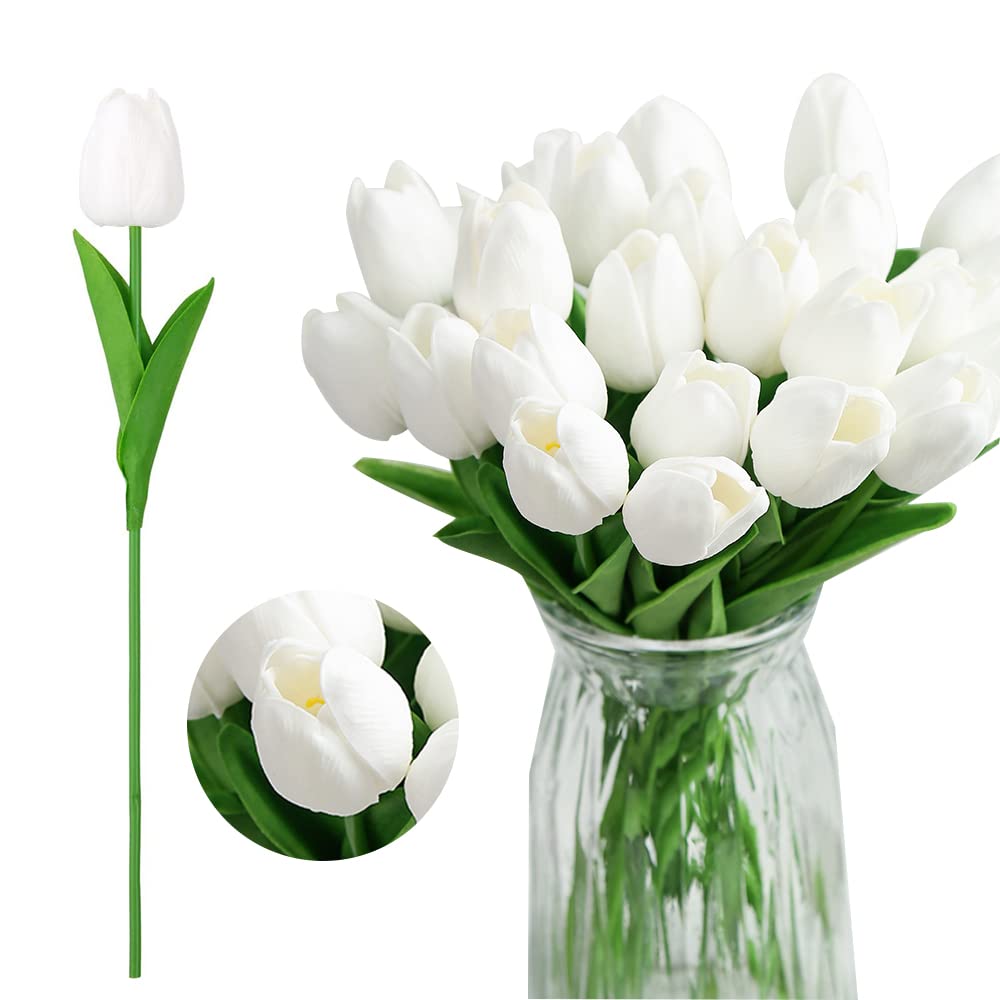 24PCS White Tulips Artificial Flowers Real Touch Tulips Flowers White Tulips Flowers for Home Table Decoration Wedding Bouquet Party Baby Shower Centerpieces Bridal Bouquet Decor