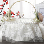 Wedding Flower Girl Basket with Pearl Handle | Satin Petal Basket for Wedding Ceremony Bridal Shower & Home Decor in Beige White