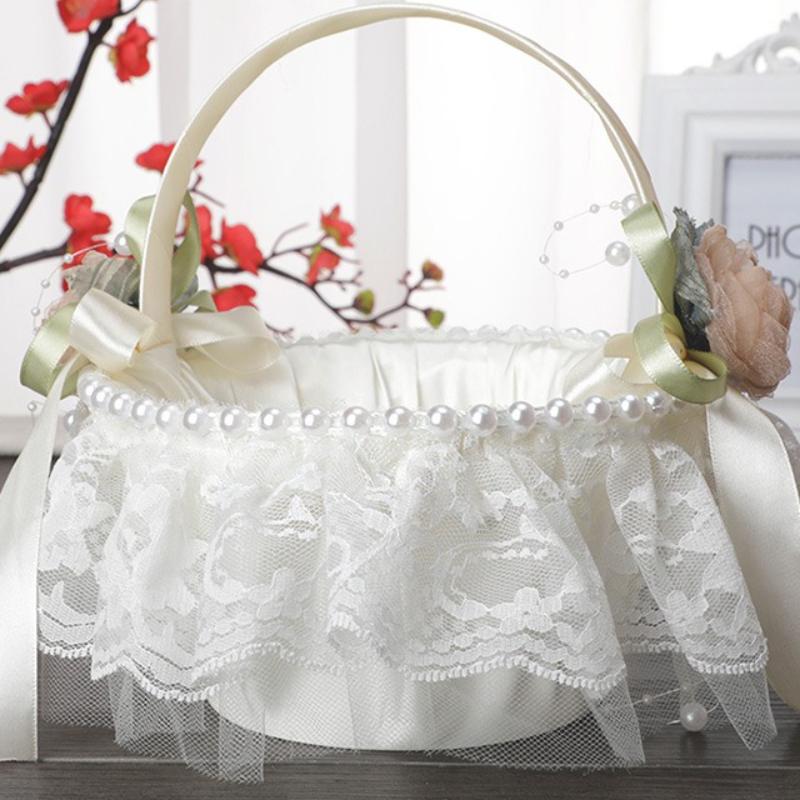 Wedding Flower Girl Basket with Pearl Handle | Satin Petal Basket for Wedding Ceremony Bridal Shower & Home Decor in Beige White