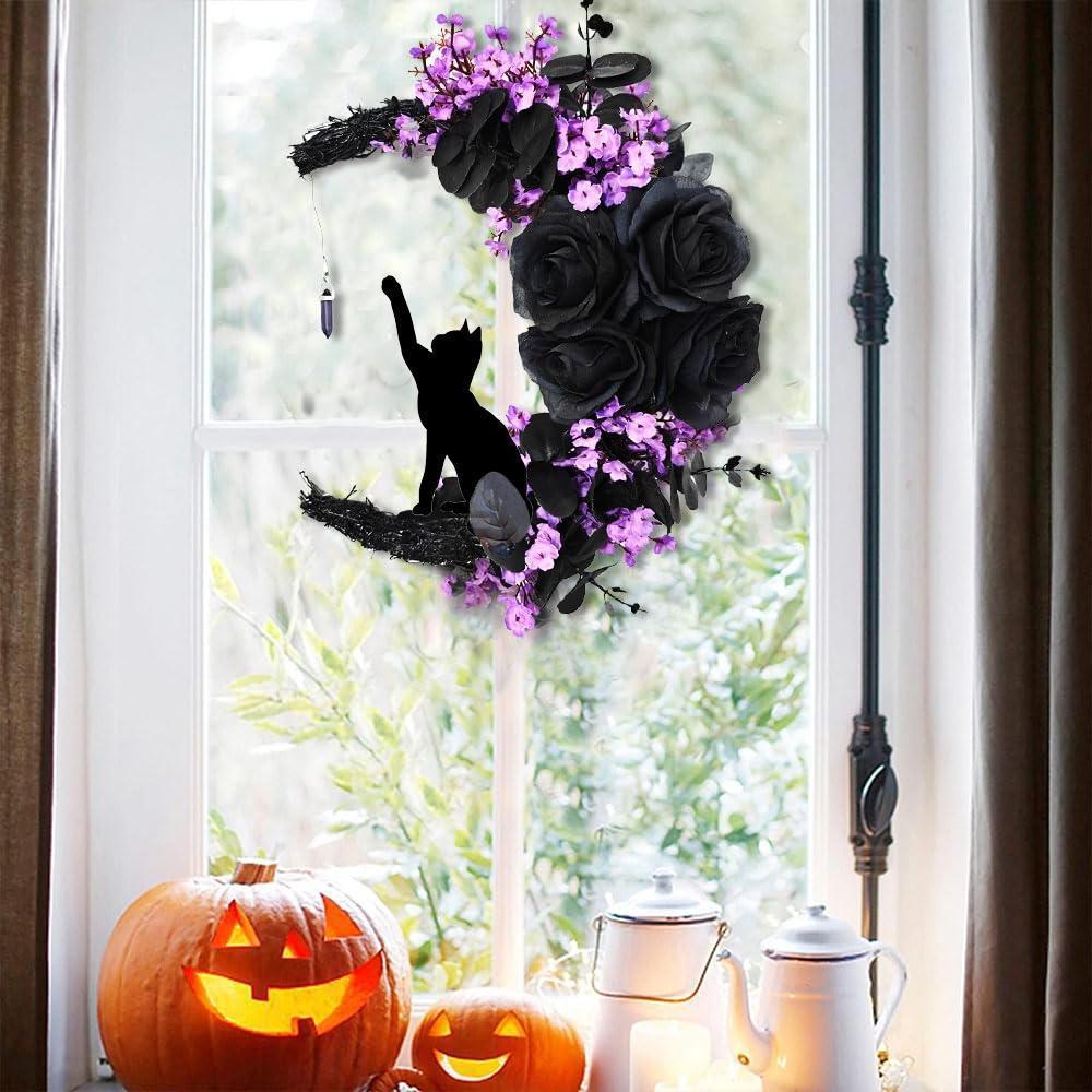 Halloween bat black branch glowing wreath arranged for faux floral round by IPOPU