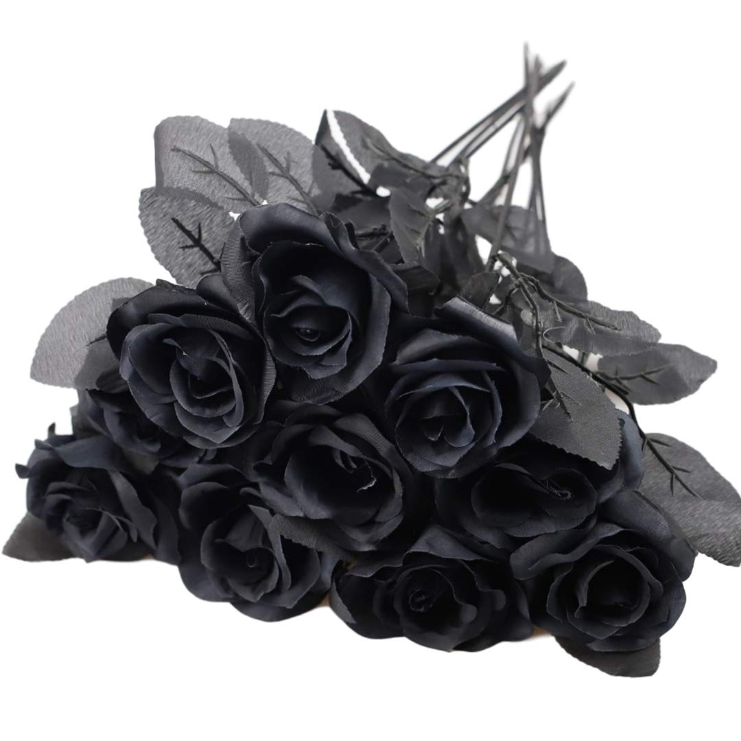 Black & white roses with stems arranged for 10pcs gothic wedding by IPOPU