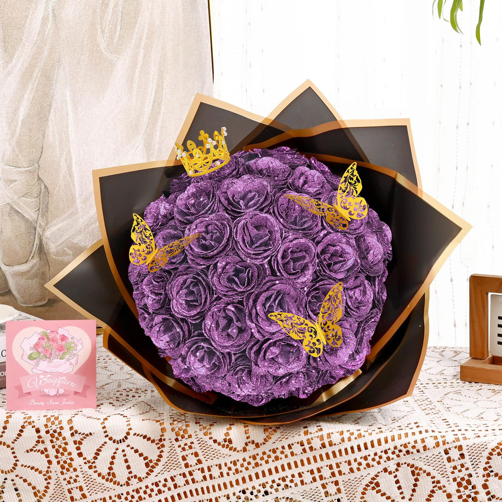 DIY Glitter Rose Bouquet Gift Set 24pcs | Graduation Birthday Gift with Stickers Ribbons Butterflies Crown in 7 Colors (Assembly Required)