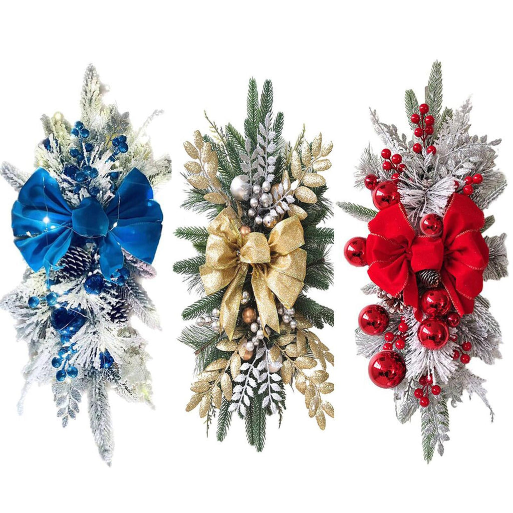 Christmas Door Swag with Bow, Artificial Pine Needle Swag with Berries & Glitter Leaves for Front Door Wall Fireplace Staircase Holiday Decor