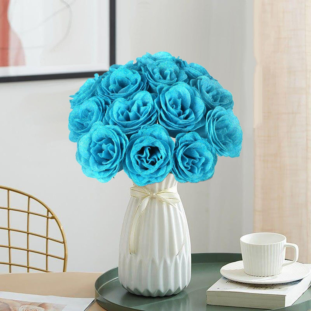 Glitter Roses Bouquet with Stems 30pcs | Wedding Party Christmas & Home Decor in Gold Silver Pink Purple 16 Colors