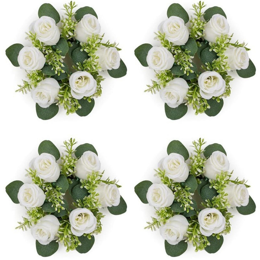 Artificial Flowers Candle Rings: 4 Pcs 14 Inch Diam Large Dusty Rose & White Roses Wreath Wedding Centerpieces for Tables Spring Summer Wreath for Front Door Weddings Party Ceremony Decor