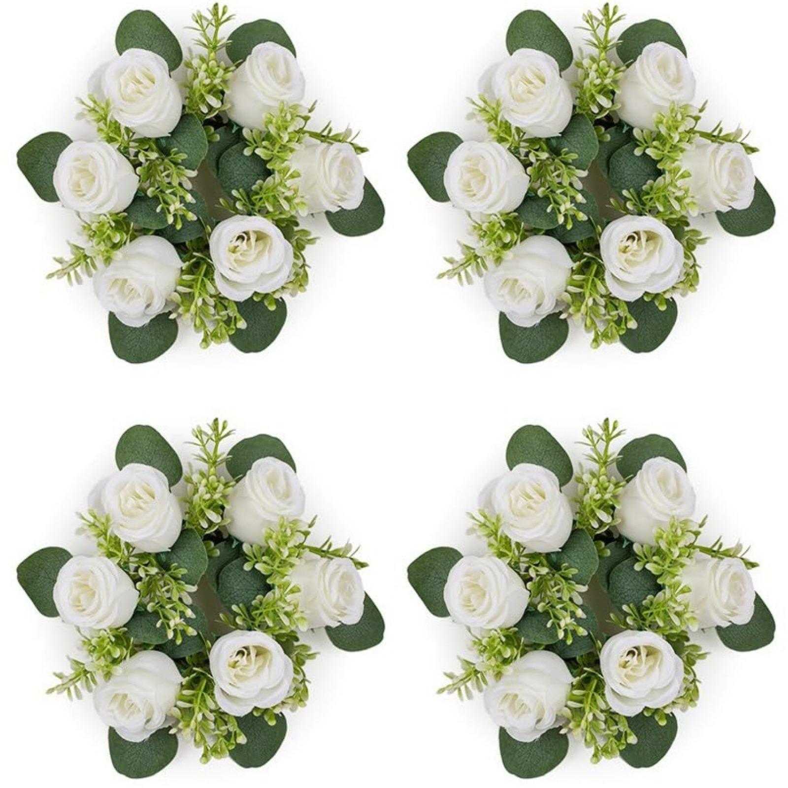 Artificial Flowers Candle Rings: 4 Pcs 14 Inch Diam Large Dusty Rose & White Roses Wreath Wedding Centerpieces for Tables Spring Summer Wreath for Front Door Weddings Party Ceremony Decor