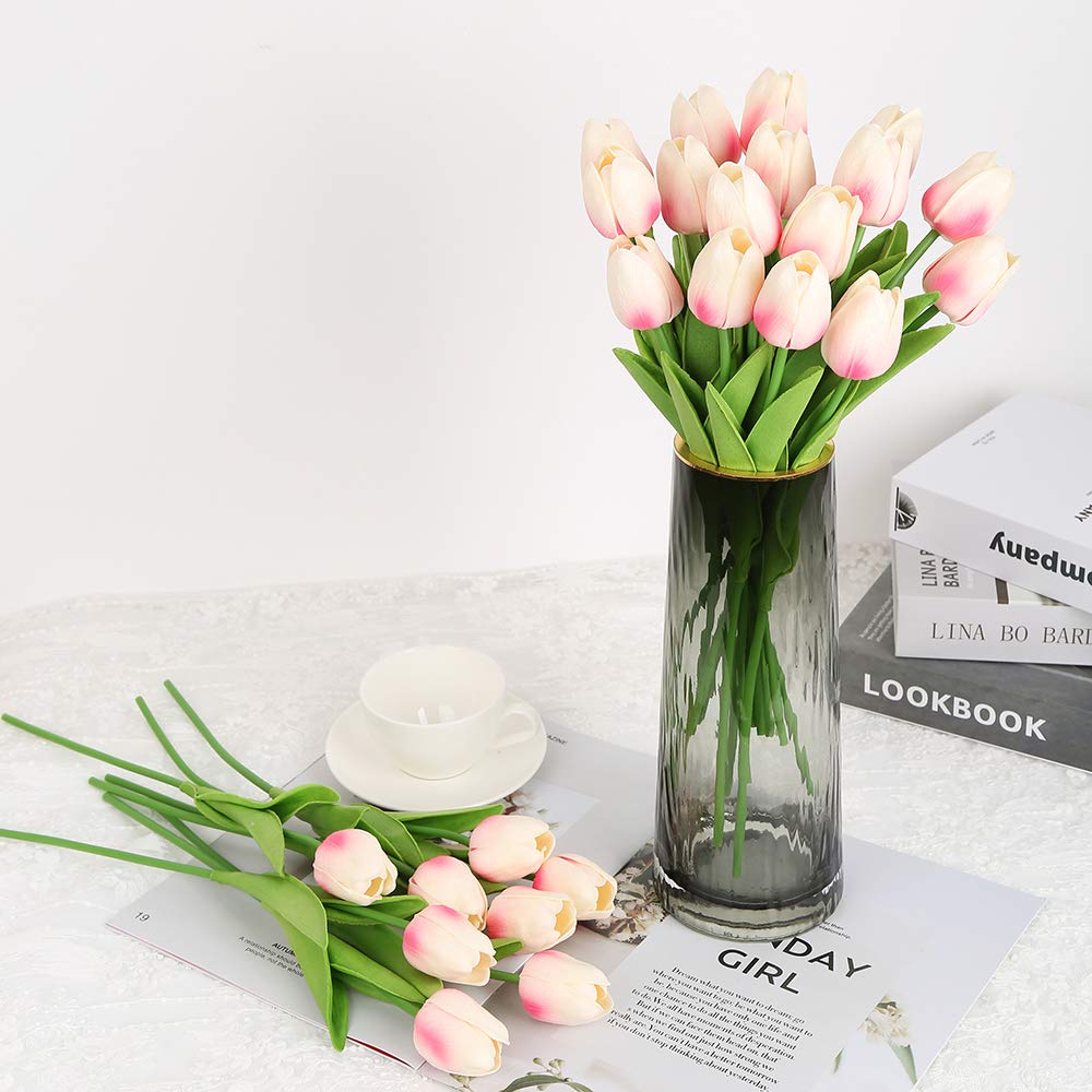 Artificial Tulips 24pcs Peach Cream | Table Centerpiece Home Decor Baby Shower Easter & Spring Floral Arrangement